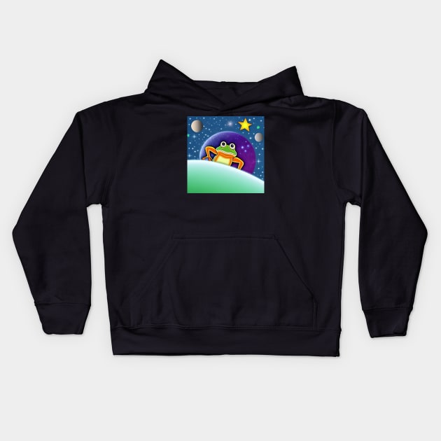 Hippy frog in space with stars Kids Hoodie by Flawless Designs